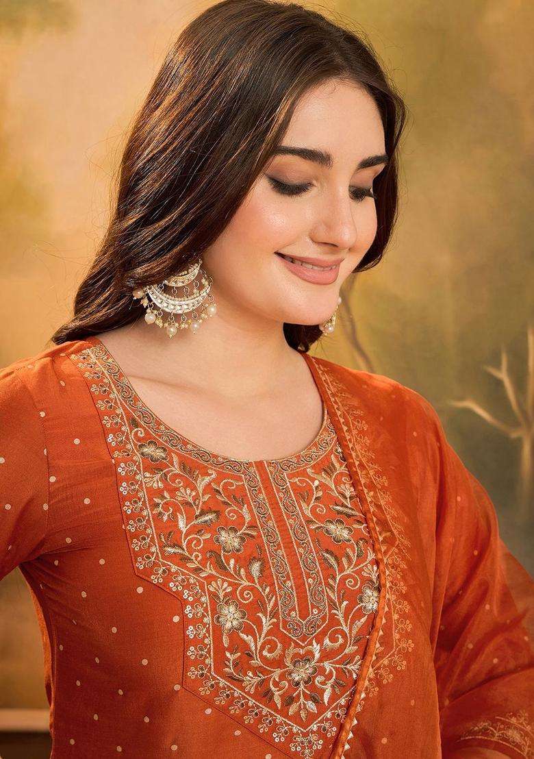 Orange Printed Silk Blend Kurta Set - Indya