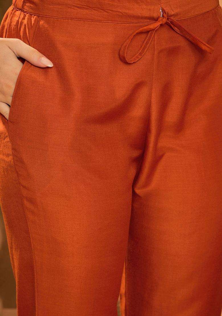 Orange Printed Silk Blend Kurta Set - Indya