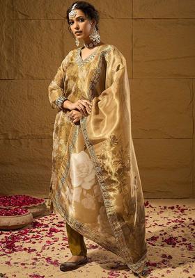 Mustard Printed Silk Blend Kurta Set