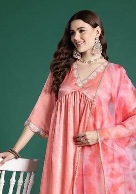 Peach Solid Polyester Kurta Set
