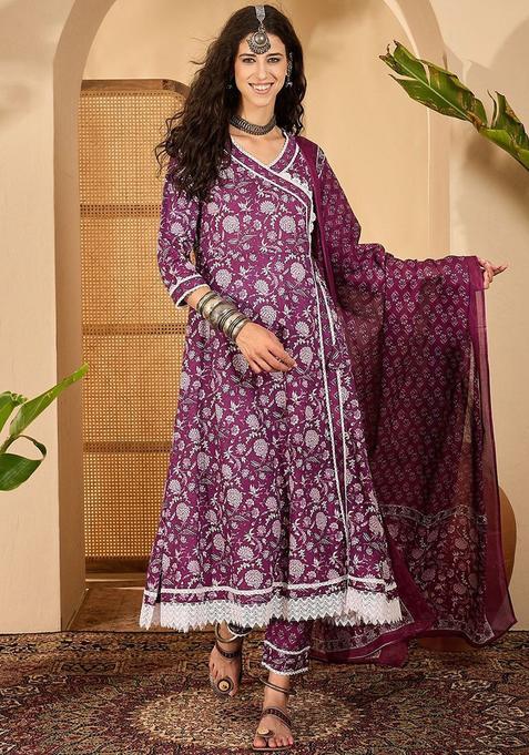 Purple Printed Cotton Anarkali Set — view on Indya