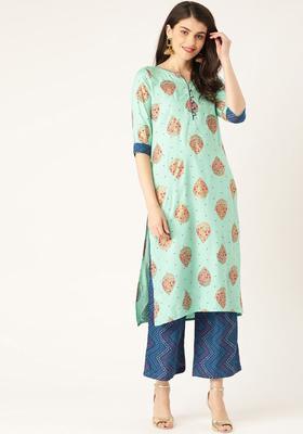 Turquoise Blue Printed Viscose Kurta Set