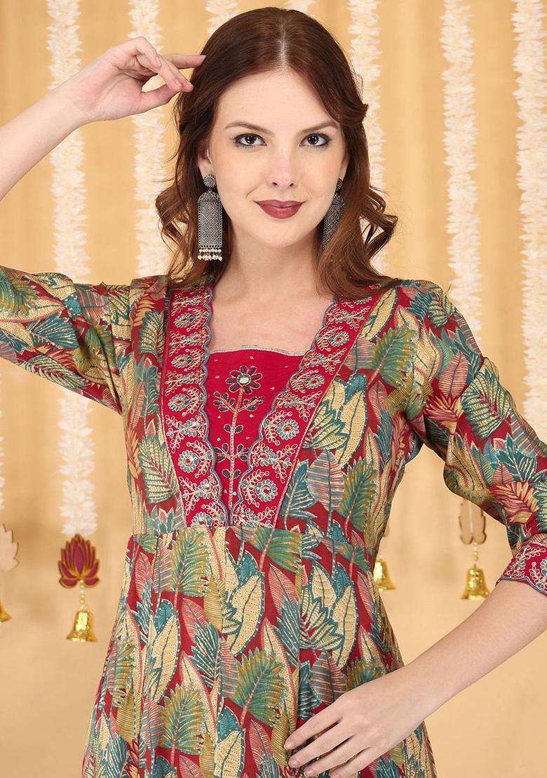 Red Printed Silk Blend Anarkali Set - Indya