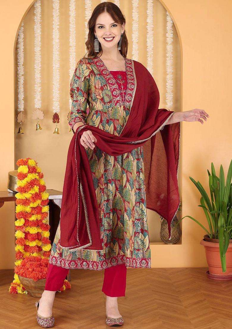 Red Printed Silk Blend Anarkali Set - Indya