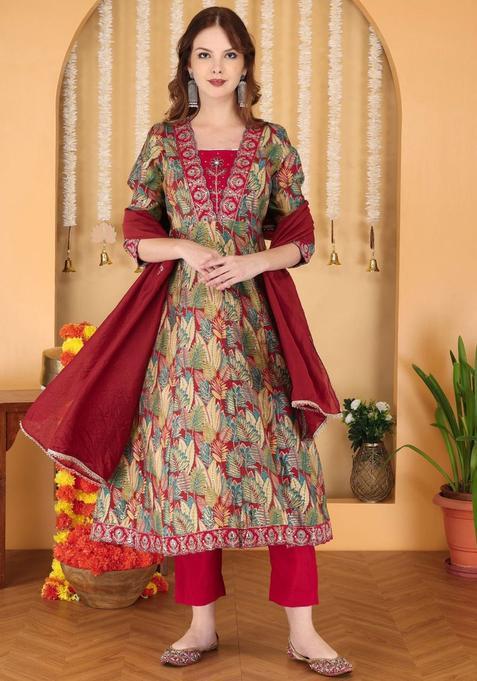 Red Printed Silk Anarkali Set — view on Indya
