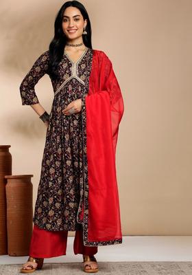 Navy Blue Printed Viscose Anarkali Set
