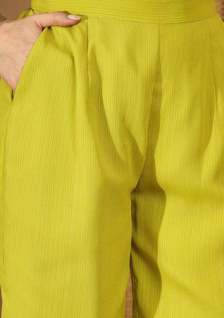 Lime Green Woven Design Georgette Kurta Set - Indya