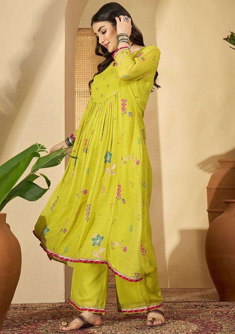 Lime Green Woven Design Georgette Kurta Set - Indya