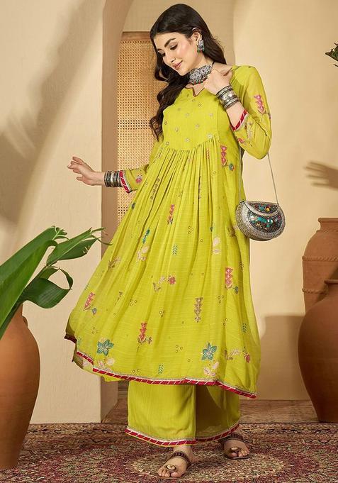 Lime Green Woven Design Georgette Kurta Set — view on Indya