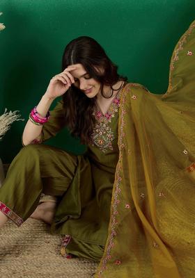 Olive Yoke Design Silk Blend Kurta Set