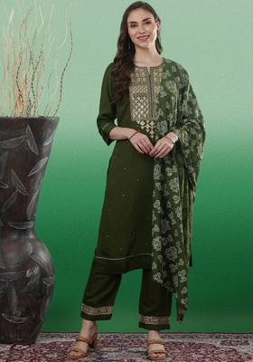 Olive Yoke Design Viscose Kurta Set