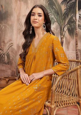 Mustard Printed Polyester Kurta Set