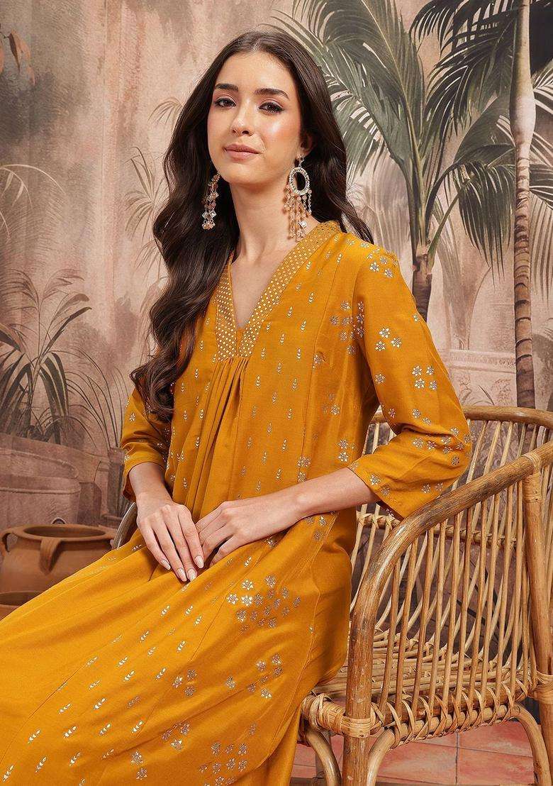 Mustard Printed Polyester Kurta Set - Indya