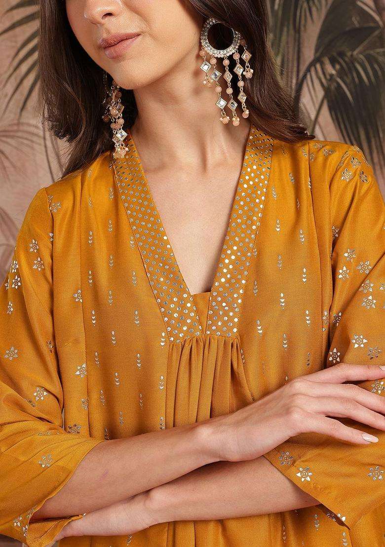 Mustard Printed Polyester Kurta Set - Indya