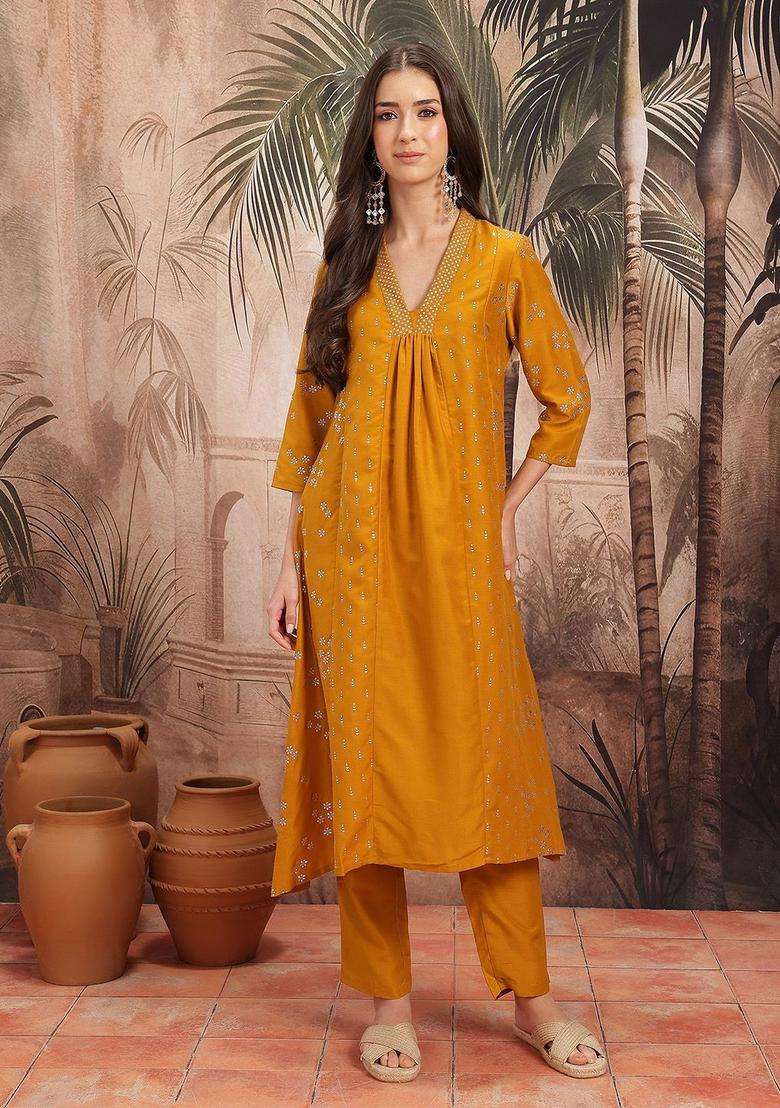 Mustard Printed Polyester Kurta Set - Indya