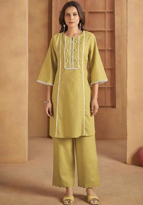 Yellow Woven Design Cotton Kurta Set