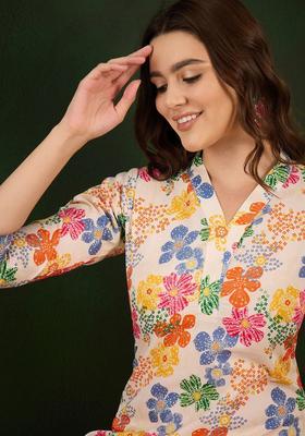 Off White Printed Silk Kurta Set