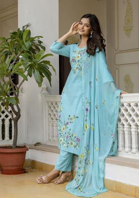 Turquoise Blue Self Design Cotton Kurta Set