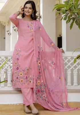 Pink Self Design Cotton Kurta Set