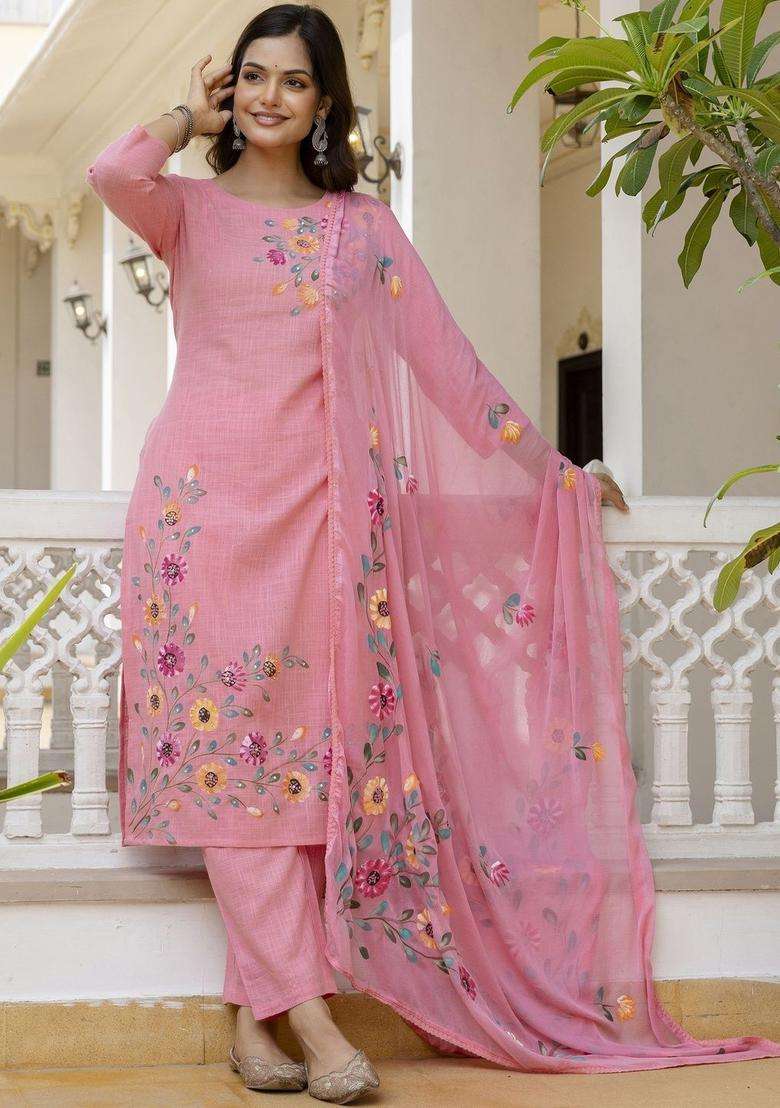 Pink Self Design Cotton Kurta Set - Indya