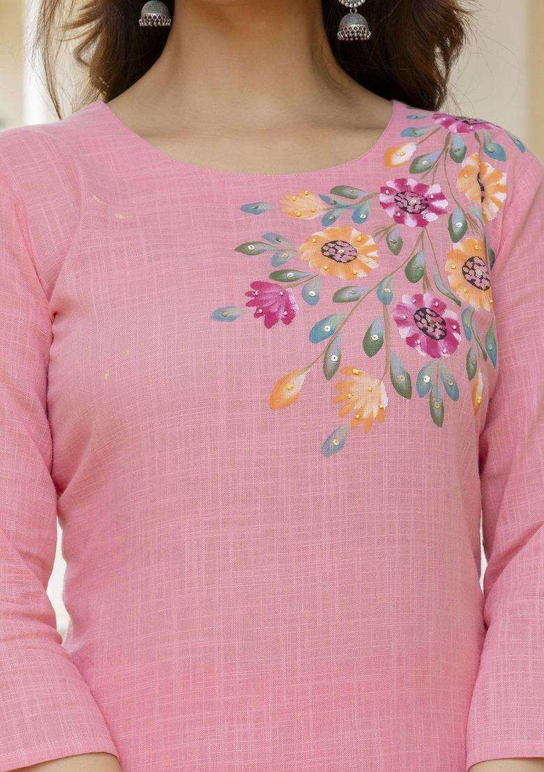 Pink Self Design Cotton Kurta Set - Indya