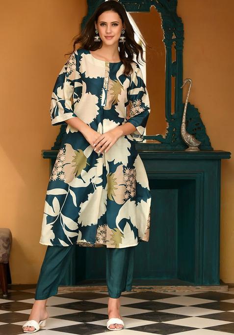 Green Printed Chanderi Kurta Set — view on Indya