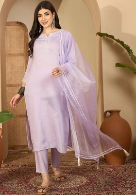 Lavender Solid Silk Kurta Set