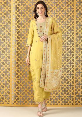 Yellow Embroidered Chanderi Kurta Set