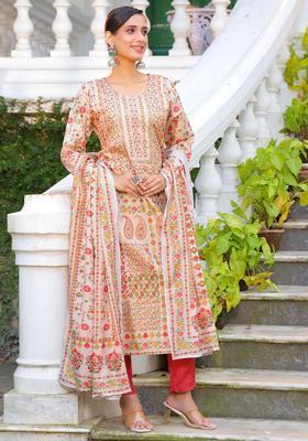 Cream Printed Silk Kurta Set