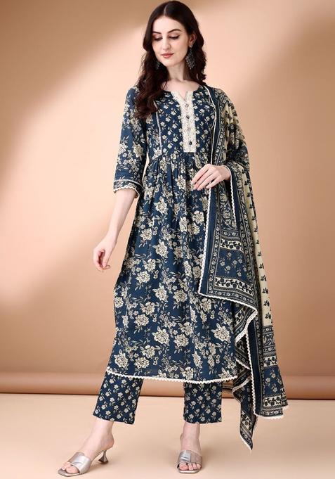 Blue Printed Cotton Anarkali Set — view on Indya