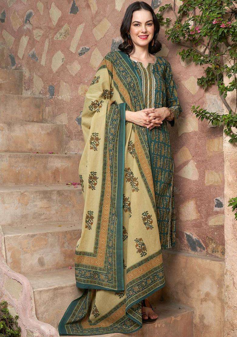 Olive Printed Cotton Kurta Set - Indya