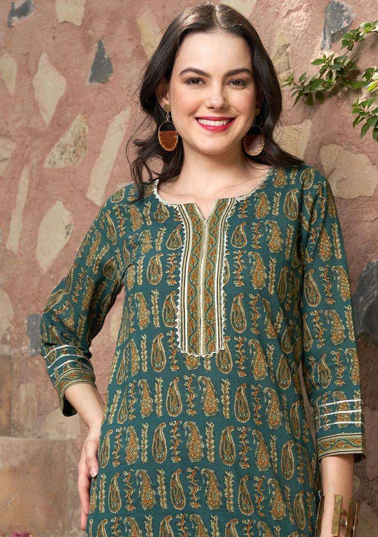Olive Printed Cotton Kurta Set - Indya