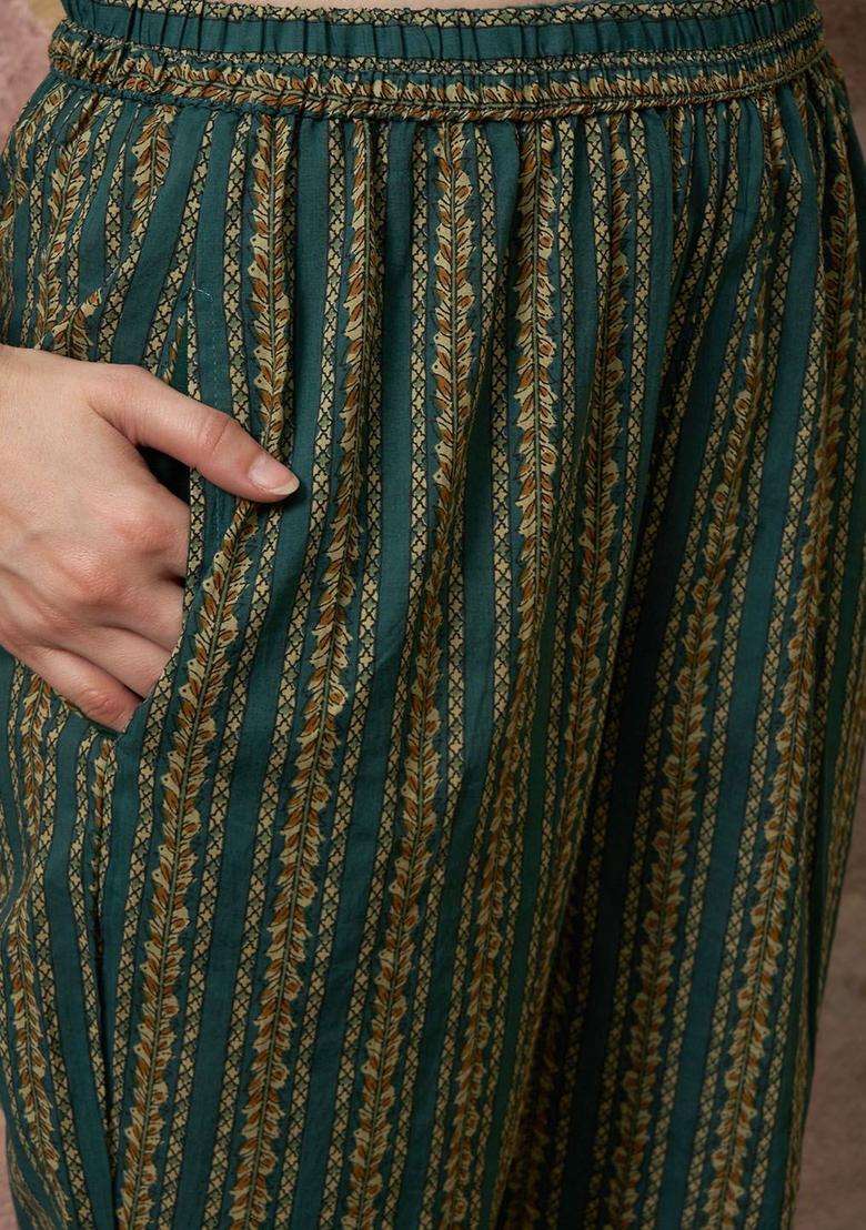Olive Printed Cotton Kurta Set - Indya