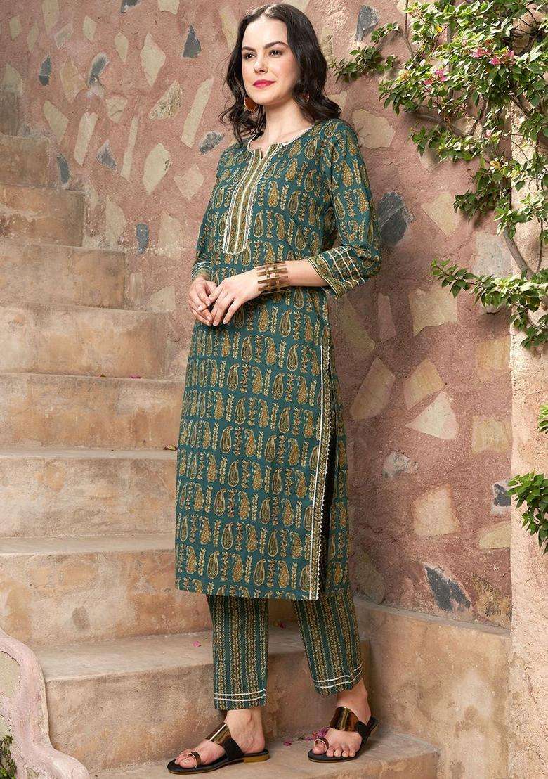 Olive Printed Cotton Kurta Set - Indya