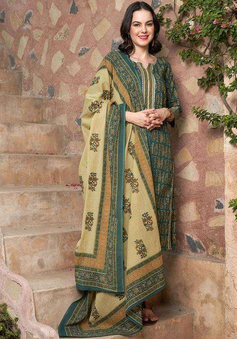 Olive Printed Cotton Kurta Set