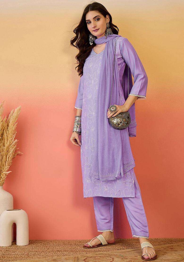 Lavender Printed Silk Blend Kurta Set - Indya