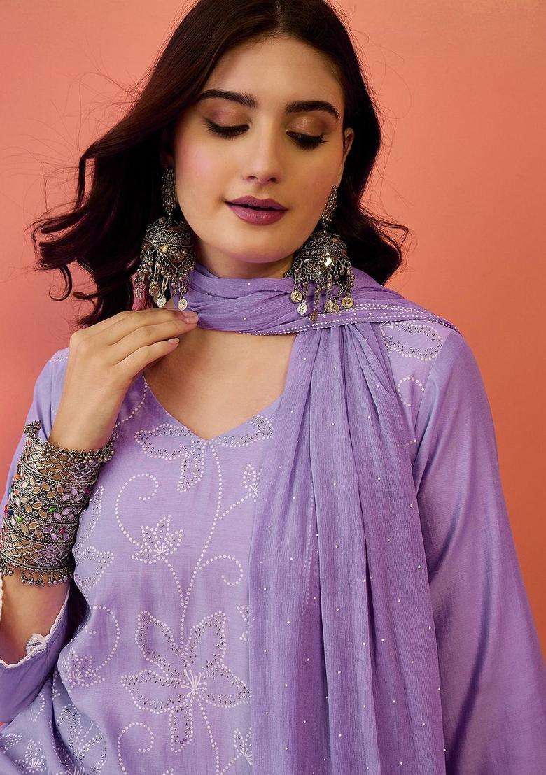 Lavender Printed Silk Blend Kurta Set - Indya