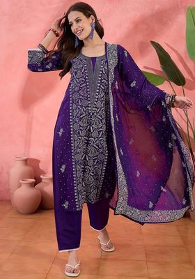 Purple Printed Silk Kurta Set