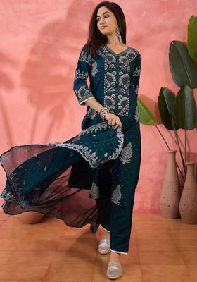 Teal Printed Silk Kurta Set