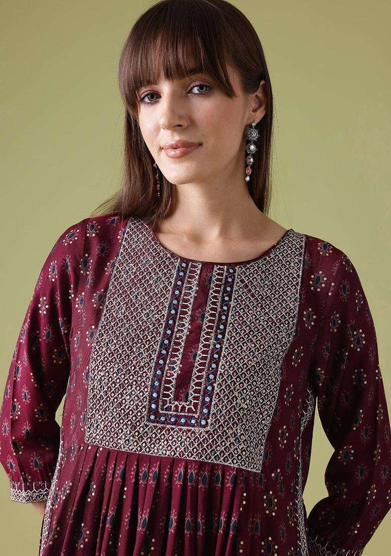 Maroon Printed Viscose Kurta Set - Indya
