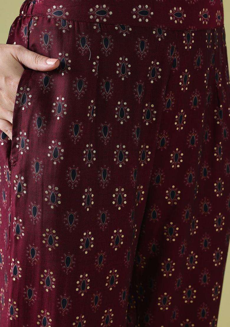Maroon Printed Viscose Kurta Set - Indya