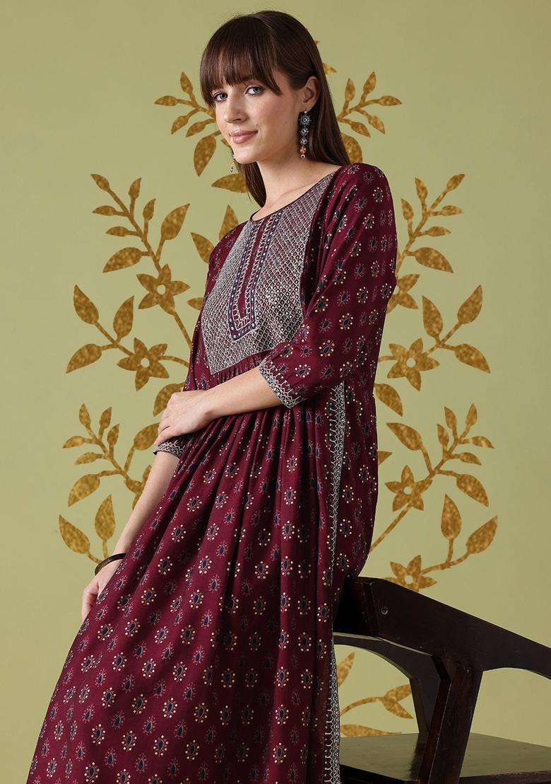 Maroon Printed Viscose Kurta Set - Indya