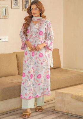 Off White Printed Linen Kurta Set