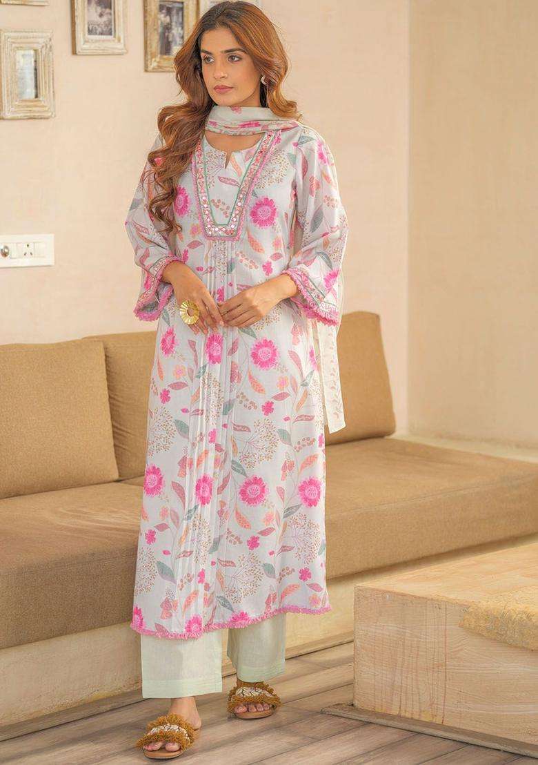 Off White Printed Linen Kurta Set - Indya