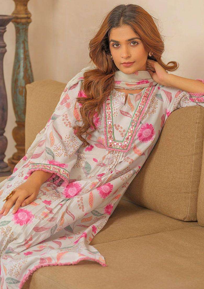 Off White Printed Linen Kurta Set - Indya