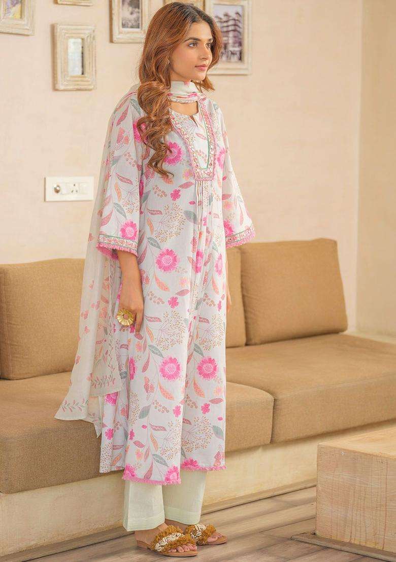Off White Printed Linen Kurta Set - Indya