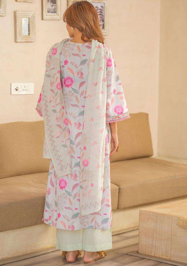 Off White Printed Linen Kurta Set - Indya