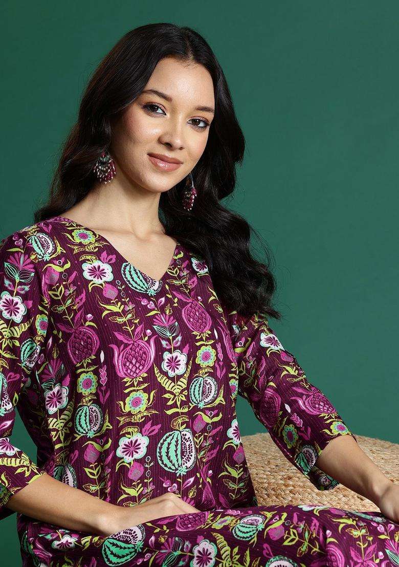 Burgundy Printed Polyester Kurta Set - Indya