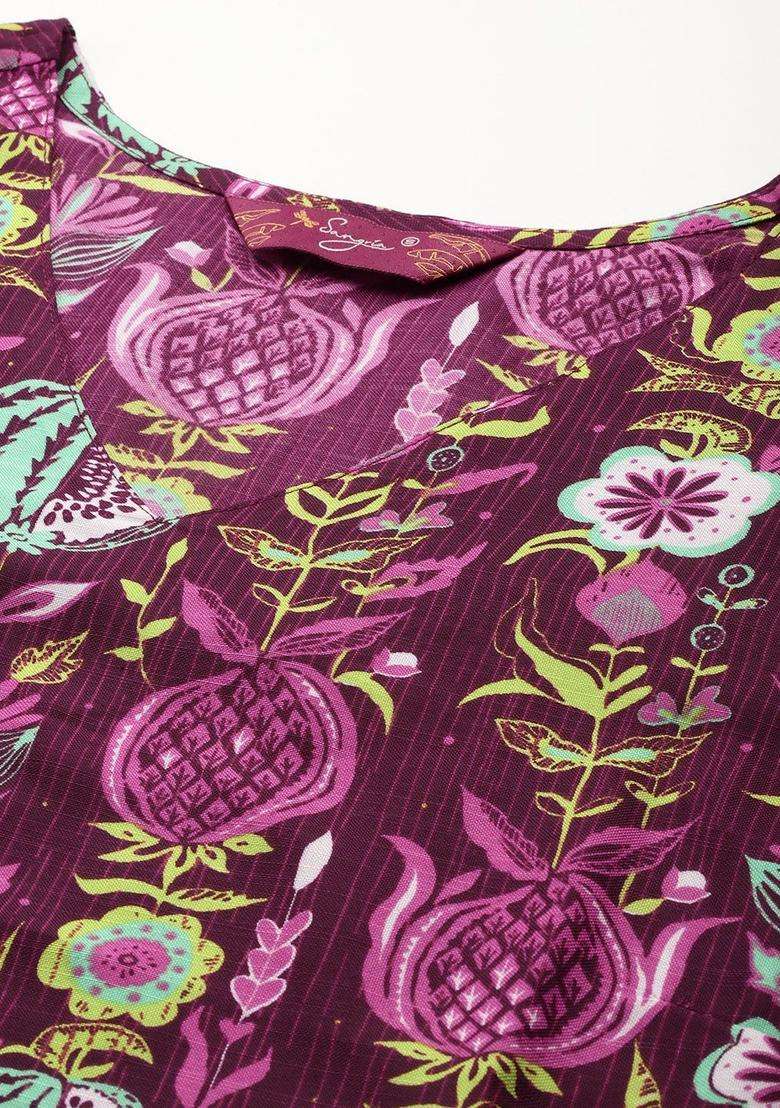 Burgundy Printed Polyester Kurta Set - Indya
