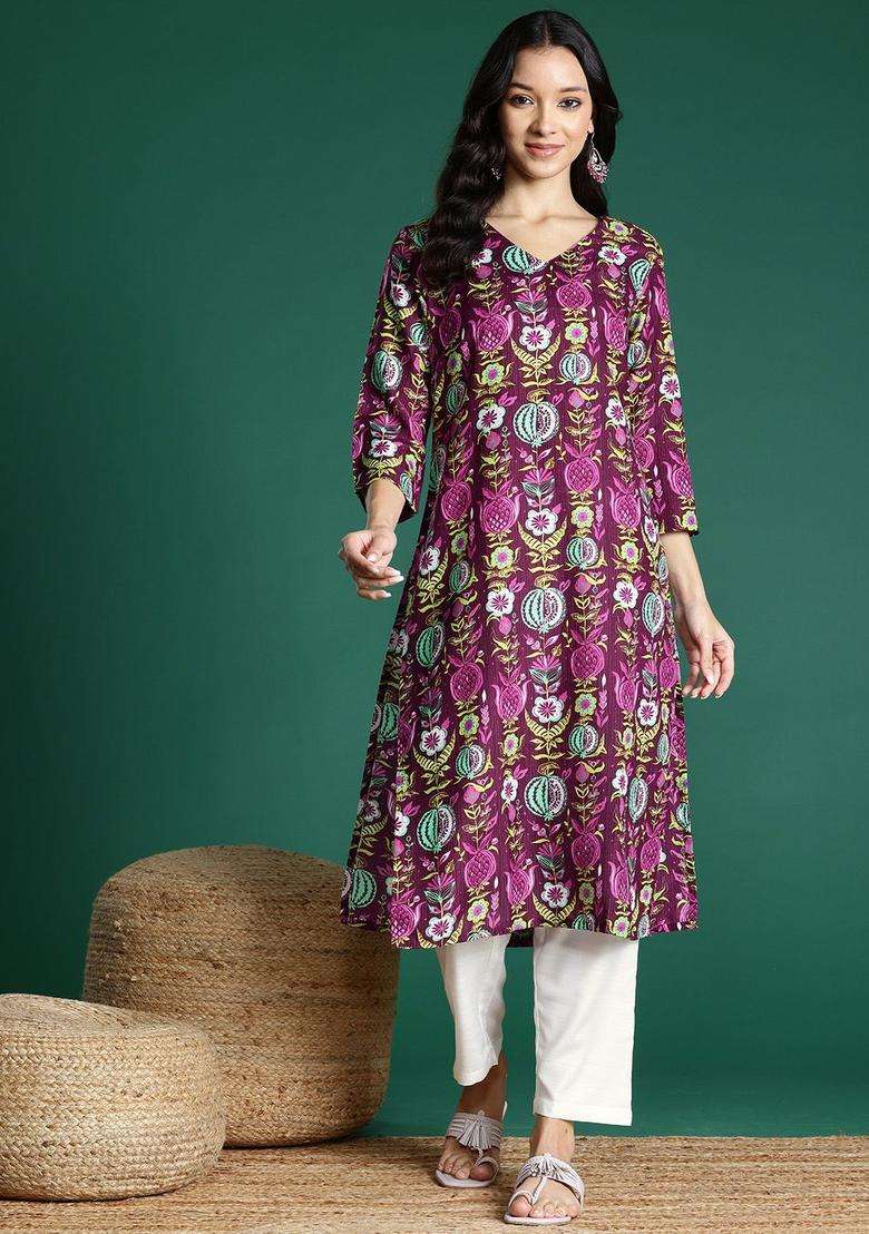 Burgundy Printed Polyester Kurta Set - Indya